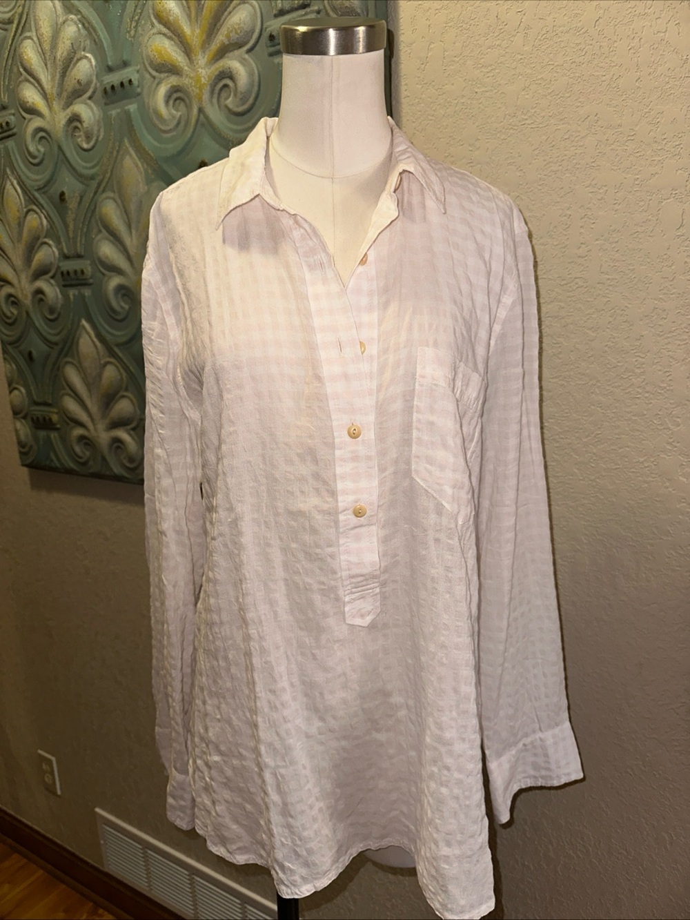 Vintage J.Crew White Pink Crinkle Gauze Popover Blouse Women’s Size 12 Classic